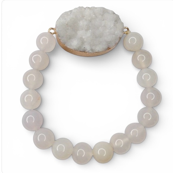White Onyx & Druzy Quartz Beaded Stretch Bracelet 7", 8mm Natural Stone Beads - Picture 5 of 12